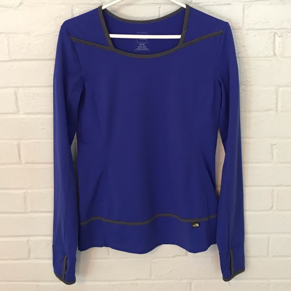The North Face long sleeve top with thumb holes, blue with grey trim. EUC!